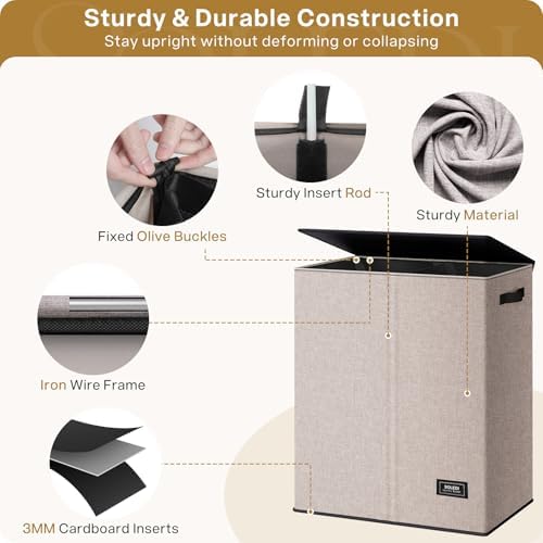SOLEDI Large Double Laundry Hamper with Lid, Collapsible Clothes Hamper 2 section with Removable Bags, Space-Saving Laundry Basket for Bedroom, Dorm, College