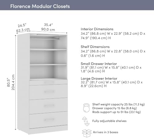 Bestar 36W x 25D Modular Closet Organizer System Tower, Reach-in Closet or Walk-in with LED Light, Shelves, and 4 Drawers, Slab Style, Florence Collection, White