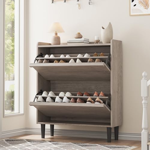 GarveeHome Shoe Cabinet with 2 Flip Drawers, Wooden Shoe Organizer Cabinet with Adjustable Shelf, Shoe Storage for Entryway, Hidden Shoe Cabinet for Hallway, Living Room, Grey