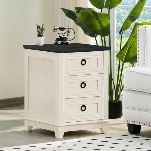 Joaxswe Farmhouse Nightstand, 18'' End Table with 3 Drawer Metal Handle | Sofa Bed Side Table with 3 Drawers, White Night Stand Cabinet for Organizer Bedroom Living Room