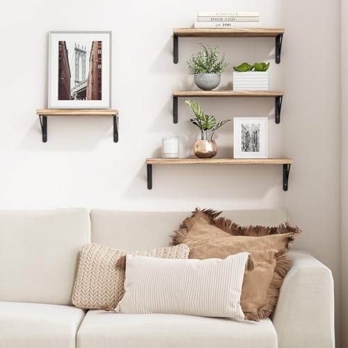 YGEOMER 4 Different Sizes Floating Shelves for Wall Decor, Light Brown | Rustic wood shelves in mixed sizes for flexible combined storage. Fits bathroom, kitchen, living room, bedroom and office.