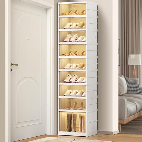 EHAMILY 9-Tier Foldable Shoe Rack Organizer, Magnetic Doors, 18 Pairs,White