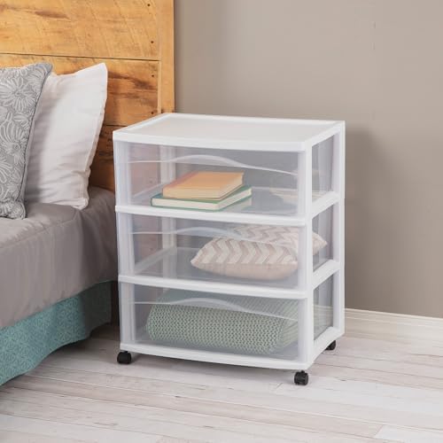 Sterilite Wide 3-Drawer Cart with Wheels for Bedroom and Dresser, 4-Pack