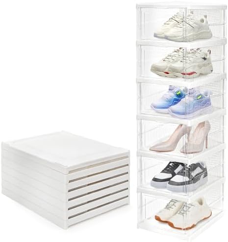 Hedume 6 Pack Clear Shoe Boxes Stackable, Drop Front Shoe Storage Box, No Assembly Plastic Shoe Organizer Storage Bin with Door, Free Standing Shoe Shelf Cabinet with Lid for Size 13, 13.6"x10"x7.9"