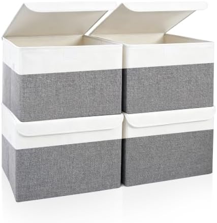 Bagnizer Large 22 Quart Linen Fabric Foldable Storage Bin Cube Organizer Basket with Flip-Top Lid & Handles, Clothes Blanket Box for Home, Office, Closet, Gray & White, 4 Pack 14.6 x 9.5 x 9.5”