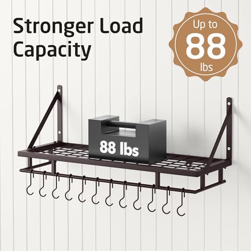 KES 30-Inch Wall Pot Rack, Oil Bronze, 88lb Capacity, 12 Hooks, Farmhouse | Carbon Steel Construction, Reinforced Grid Shelf, Stud Mounting, 12 S-Hooks, Rust-Resistant, Indoor Kitchen Organizer