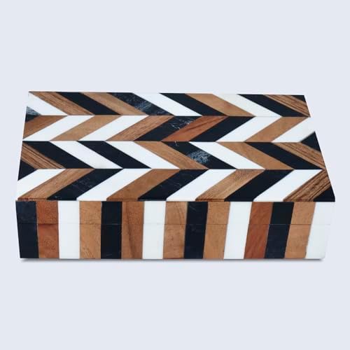 Handicrafts Home Small Decorative Storage Box with Lid Wooden Jewelry Box Trinket Box for Shelf Decor – Natural Wood Resin Inlay Marquet Cosmo Collection- 5x7x1.5