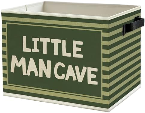 Little Man Cave Boys Storage Bins Box with Handles, Olive Green Striped Boho Collapsible Basket Organizer for Kids Boys Playroom Nursery Room Bedroom Bathroom Books Clothes