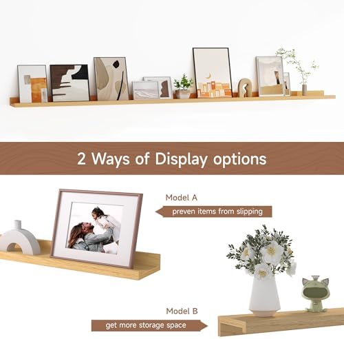 Fun Memories Picture Ledge Shelf, 60 Inch Floating Shelves Set of 2, Large Nursery Book Shelves for Toys Storage, Kids Bookshelf Wall Mounted for Wall Decor Books Photo Frames, Oak