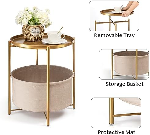 danpinera Gold Side Table with Basket, Small Round Table for Living Room | Metal Modern Nightstand for Small Space, Bedroom, Nursery, Accent Metal Stand with Removable Serving Tray, 20.47 in Tall