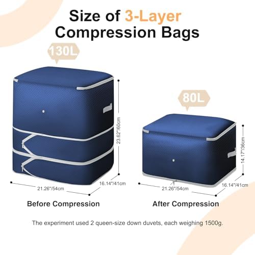 Comforter Storage Bag - 130L Blanket Storage Bags 3-Layer Ultra Space Saving Self Compression Organizer, Washable Compression Bags for Storage Comforter Blanket, 4-Pack, Navy Blue