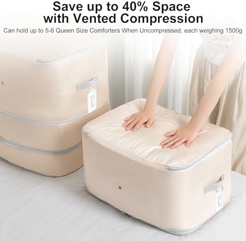 Comforter Storage Bag - 130L Large Capacity Blanket Storage Bags 3-Layer Ultra Space Saving Self Compression Organizer, Washable Compression Bags for Storage Comforter Blanket, 6-Pack, Beige