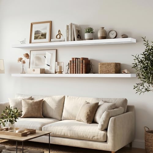 Fun Memories 12 Deep Floating Shelves for Wall, 55W x 12D Extra Large Floating Shelves Set of 2, Hanging Wood Wall Shelves for Living Room, Kitchen, Bedroom, Farmhouse, Laundry Room, Office - White