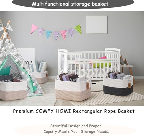 COMFY-HOMI 3PACK Cotton Rope Square Basket with Handles for Shelves| Storage|Baby Basket for GIF|Shoe Basket for Organizing|New13.5" x 11" x 9.5" for Living Room