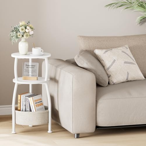 Small Round Side Table for Living Room with Storage Basket, 11.81in | End Table for Small Spaces , 3-Tier Nightstand Couch Corner Stand for Bedroom, Garden Family Room 24in Tall Matte White