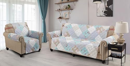 Brilliant Sunshine Blue & Green Roses Patchwork Loveseat Cover, 54" seat