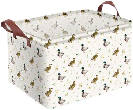 Cute Mallard Duck Storage Basket Waterproof Canvas Toy Storage Bin Mallard Duck Room Decor Collapsible Outdoor Basket with Leather Handles Duck Decor Blanket Baskets For Closets,Bedrooms,Gifts Baskets