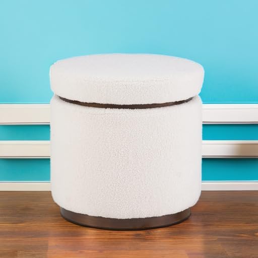 Linon Lexington Natural Sherpa Round Storage Ottoman with Wood Accent