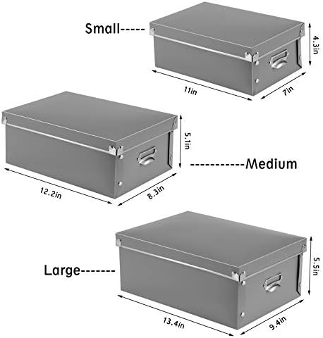 SEEKIND Storage Box, Decorative Storage Bins with Lid,3 in 1 Set,Plastic,with Handles,Press-Stud Fastening,Moisture-Proof,Foldable for Space Saving Storage,for Clothes, Cosmetic,Blankets (Grey) …