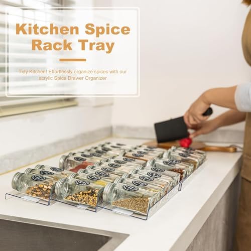10-Pack Adjustable Spice Drawer Organizer | Expandable Seasoning Rack Tray (13" to 26"), Acrylic Insert with Anti-Slip Mat for Kitchen Cabinet (Jars Not Included)