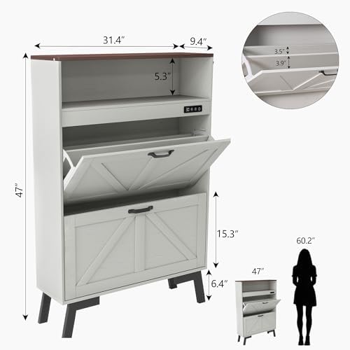 Shoe Cabinet with Deodorizer, Narrow White Entryway Storage, Anti-Tip
