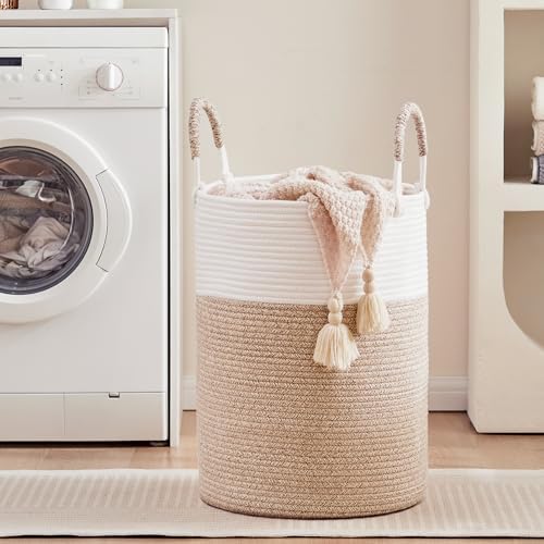 80L Extra Large Hamper Laundry Basket Tall Woven Clothes Hamper | Cotton Rope Blanket Basket in Living Room Bathroom Bedroom Brown 16"D x 22"H