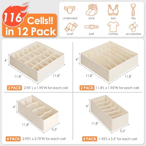 12 Pack Baby Clothes Organizer for Nursery, 116 Cells Fabric Foldable Dresser Closet Organizers and Storage Bins for Clothing, Women Men Underwear Socks, Bra, Ties, Scarf, Belt, Hair Accessories