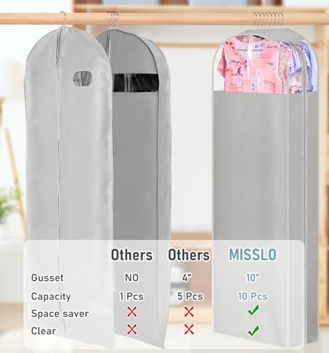 MISSLO 10" Gusseted Garment Bags for Hanging Clothes Storage 60" Dress Bags for Gowns Long Breathable Dress Cover for Closet Storage Coat Protector, 3 Packs, Grey
