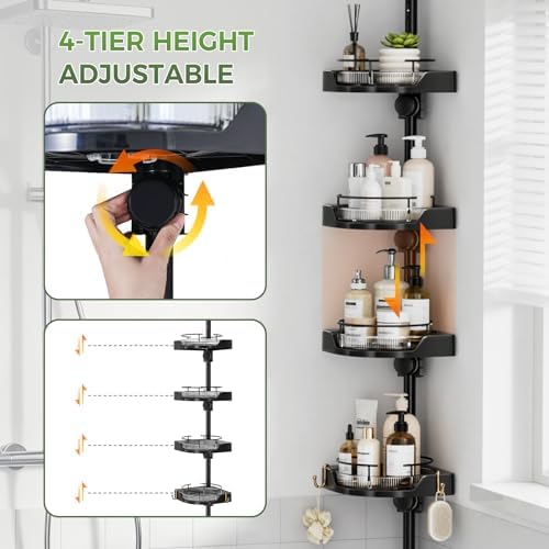 akinbas 360° Rotating Shower Caddy Tension Pole with 4-Tier Rustproof Lazy Susan 35-128 Inch No Drilling Coner Shelves Adjustable Shower Rack for Bathroom Bathtub Washbasin Plant Storage (Black)