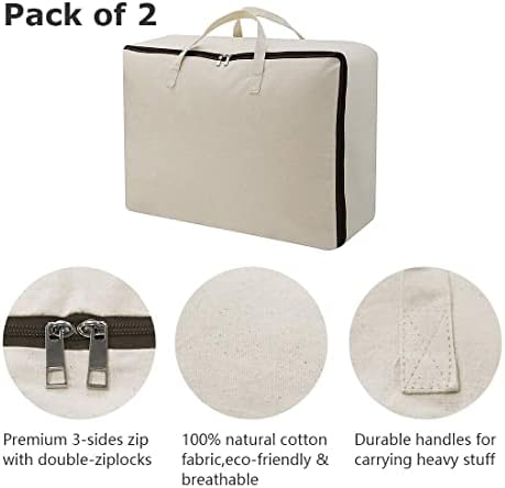 3pcs Cotton Clothes Bedding Storage Organizer Bins with Handles 3-side Zip