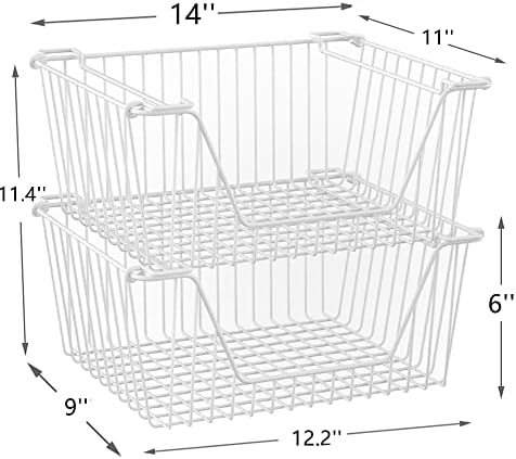 Stackable Wire Metal Baskets Cabinet Organizer Sturdy Metal Wire Pantry Freezer Bin for Home Bathroom Kitchen Friut Vegetable Organization, White - Set of 2