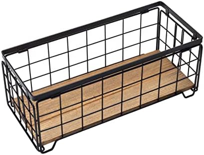 Metal Wire Storage Basket, Toilet Paper Roll Holder Wood Base Countertop Decor Box Toilet Tank Shelf Cabinet Organizer for Bathroom Pantry Garage Bedroom Livingroom - Black