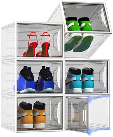 6 Pack Shoe Storage Box Organizer, Clear Thicken Stackable Plastic Shoe Boxes with Magnetic Door, Sturdy Shoe Containers for Sneakers Boots, Easy to Assemble, Fit up to US Size 12(13.2"×10.6"×7.5")
