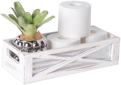 Wooden Toilet Tank Basket, Rustic Bathroom Decor Box, Farmhouse Toilet Paper Organizer Holder, Decorative Bathroom Storage Basket, Barn Door (Whitewash)