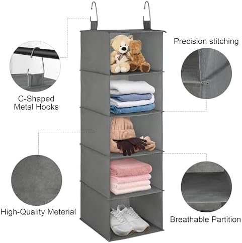 Libeder 5-Shelf Hanging Organizer with Drawers, Closet Hanging Organizers and Storage Shelves with 6 Side Pockets,Collapsible Closet Hanging Shelves for Clothes, Underwear, Nursery, Closet, RV(Grey)
