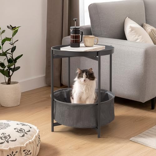 Round Side Table with Fabric Storage Basket, Metal Nightstand with Removable Tray Top, for Living Room, Bedroom, Nursery, Bathroom