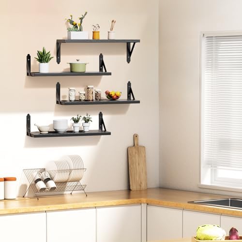 ROMGUAR CRAFT Wood Floating Shelves Set of 4, Rustic Storage Decor Wall Shelves, Wall Mounted Shelf for Living Room, Bedroom 17" x 6", Black