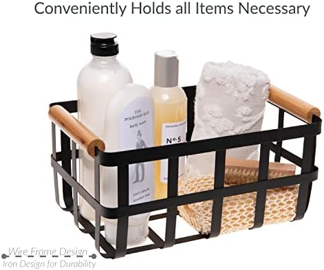 Simplify 4 Pack Rectangular Metal Storage Basket with Bamboo Handles | Large | Farmhouse Style Wire Basket | Home Organizer | Decorative | Rustic | Black