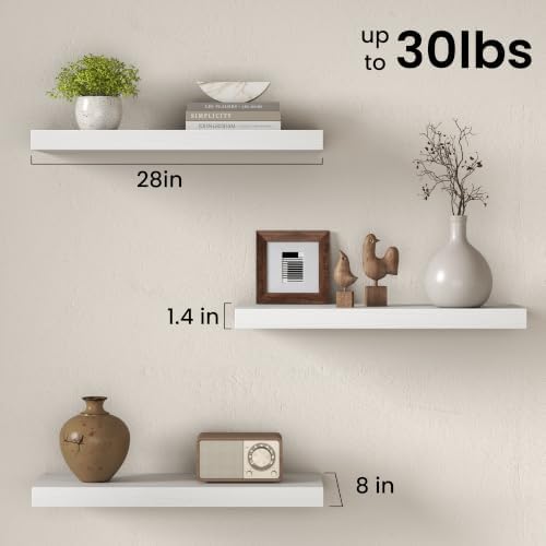 Fun Memories White Floating Shelves for Wall Set of 2, 28" White Floating Shelves for Home Decor, Rustic Wood Wall Mounted Shelf, Hanging Deep Shelf for Living Room, Bedroom, Bathroom, Kitchen