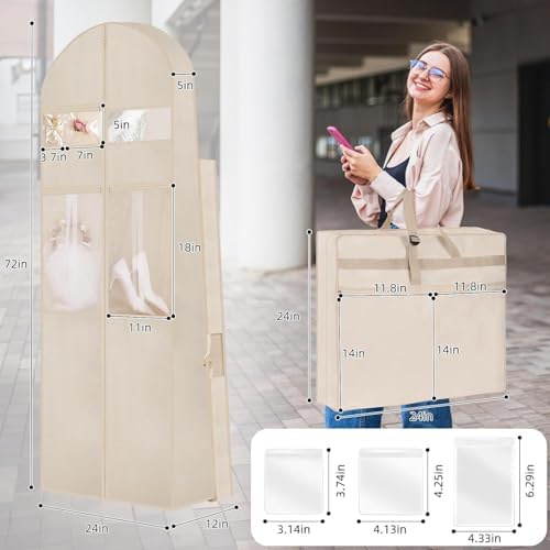 Wedding Dress Garment Bag,72" Tri-Fold Bridal Gown Bag with 12 Pouches and Adjustable Buckle Gown Cover for Wedding/Prom/Travel/Closet Storage (2pcs Beige)