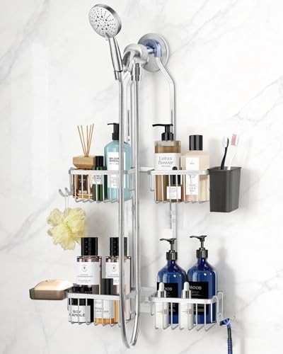 Adjustable Shower Caddy Hanging for Handheld Showerheads - Upgraded Never Rust Shower Hanging Organizer, Bathroom Shower Rack with Soap Basket, Hooks and Toothbrush Holder (Shiny Silver)