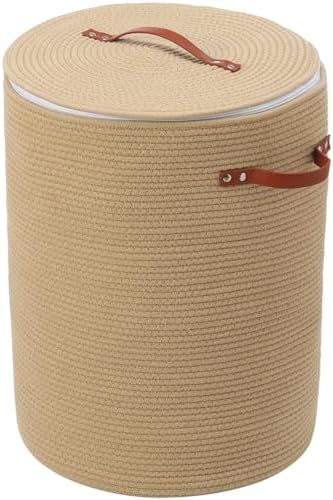 16"x20" Extra Large Cotton Rope Basket with Zipper Lid, Woven Laundry Hamper and Blanket Storage Basket, Round Clothes Bin for Living Room Bedroom, Beige