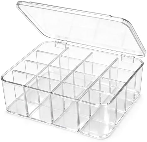 Socks Underwear Drawer Organizer, 16 Compartment Clear Plastic Storage Box with Lid & Adjustable Dividers, Tie Box, Tea Bag Organizer, Acrylic Organizer Box (12x10x3.9 Inch)