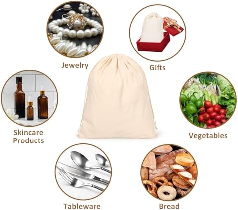 Hopttreely Reusable Cotton Drawstring Bags, Set of 8 Mixed Sizes (S,M,L,XL), Produce Bags for Bulk Food Storage