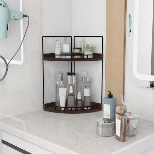Dorhors Corner Bathroom Counter Organizer,Vanity Countertop Storage Shelf | 2-Tier Walnut Rack Holder for Skincare,Perfume,Makeup,Lotion,Wood Sink Tray Stand for Kitchen,Restroom,Dresser