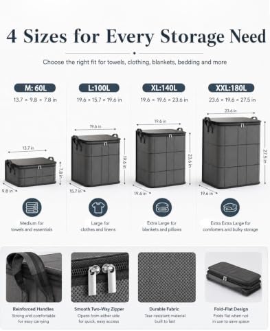 3 Pack 180L Portable Moving Storage Bags, Spacious Moving Storage Bin, Foldable Large-Capacity Clothes Storage Containers for Bedroom, Closet, Clothing, Comforter, Reinforced Handles，L:140L：1
