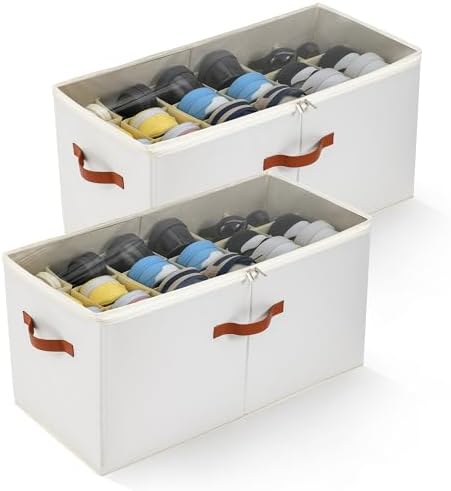 2-Pack Extra Large Shoe Organizer for Closet, Foldable Shoe Storage Container with Adjustable Dividers & Clear Lid, Holds Up to 18 Pairs, Space-Saving Shoe Boxes, White