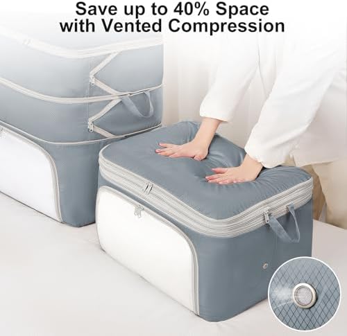 Comforter Storage Bag - 130L Blanket Storage Bags Front-opening Ultra Space Saving Self Compression Organizer, Washable Compression Bags for Storage Comforter Blanket, 2 Pack, Grey