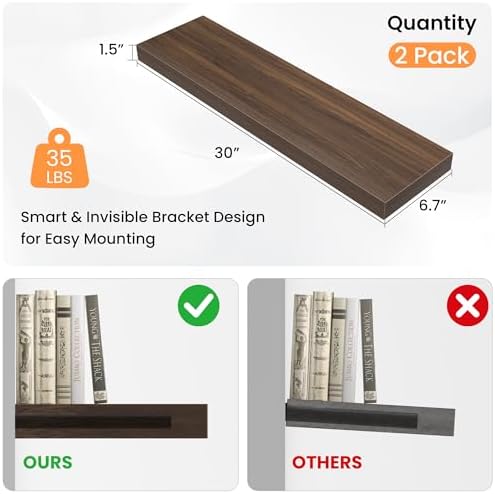 FLYJOE 30" Floating Shelves for Wall, Wooden Wall Mounted Display Shelves with Invisible Brackets Set of 2 for Living Room, Bedroom, Bathroom, Kitchen Decor and Storage, Walnut