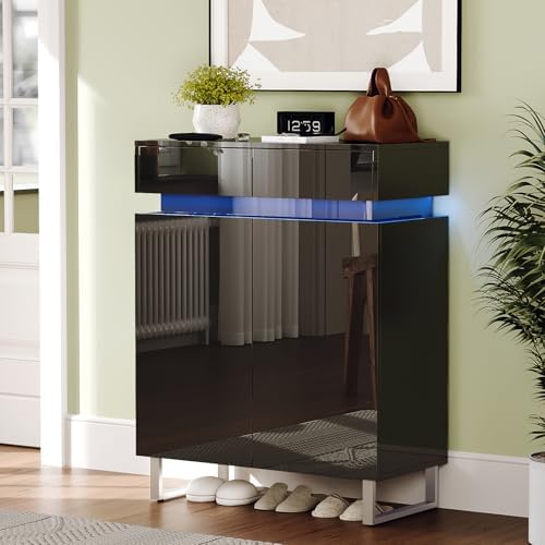 VINGLI Black Shoe Cabinet with LED Lights, Modern High Gloss Entryway Shoe Storage Organizer with Drawers & Adjustable Shelves, Freestanding Hidden Shoe Rack for Hallway, 30.7" W